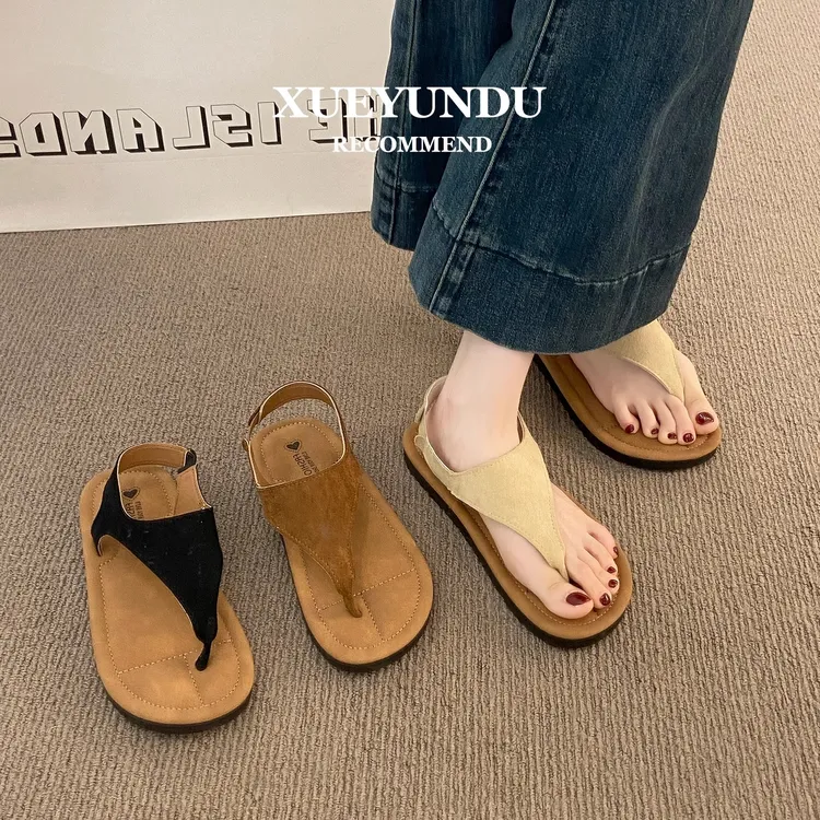 配裙子~复古人字夹脚趾凉鞋女夏季2025新款休闲度假罗马厚底凉拖