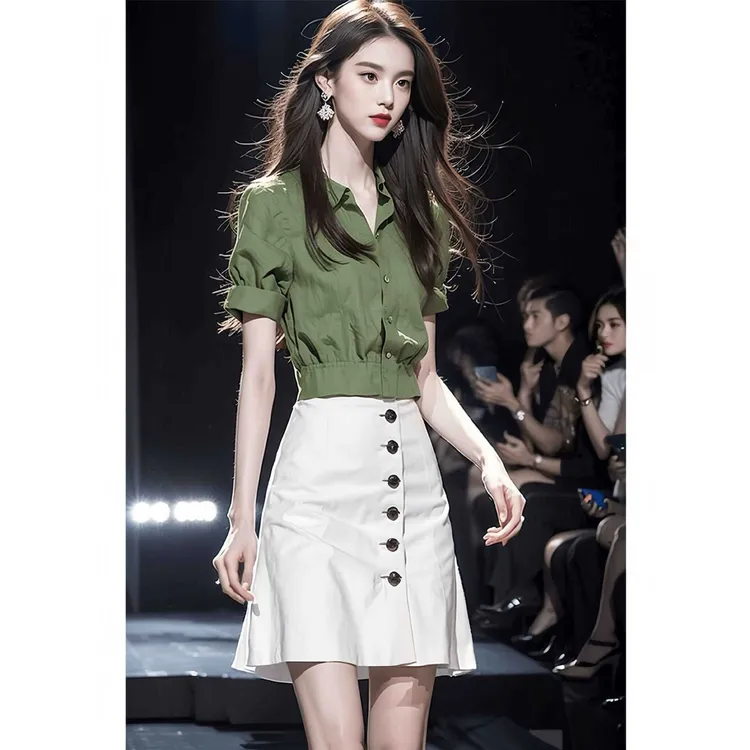 今年流行漂亮清冷感名媛气质高级感小洋装绿色上衣半身裙女夏