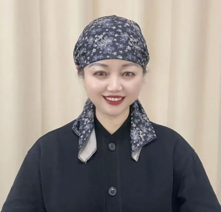 单层秋冬新款仿羊绒印花遮白发飘带帽冬季帽子百搭包头帽