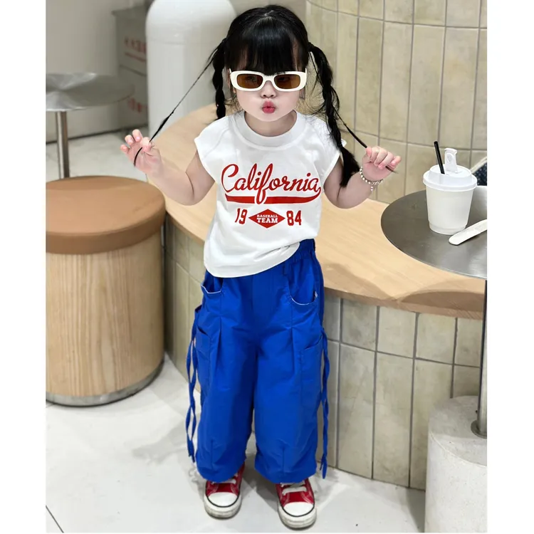 小思家女童2025夏季新款辣妹美式复古字母印花上衣宽松工装裤套装