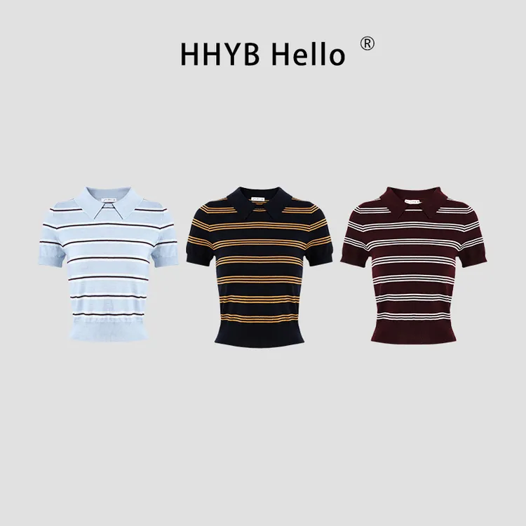 HHYB Hello2025新款设计感双色条纹polo针织上衣修身显瘦T恤M1372