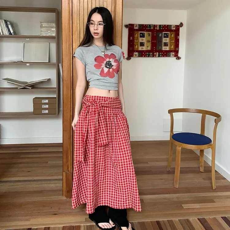 辣妹撞色绑带格子侧边拉链宽松抹胸裙一衣两穿半身裙