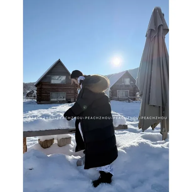 PEACHZHOU 刚需'大被子'长款羽绒服可拆卸貉子毛领保暖白鸭绒外套