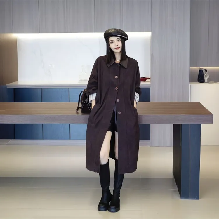 POPULARYW【绒栗】Z·R上品屋 韩系宽松中长款气质真皮皮衣风衣外套