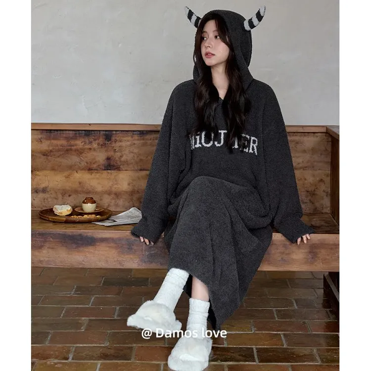 黛梦思半边绒睡裙女秋冬季加厚保暖连帽家居服长款睡袍珊瑚绒睡衣