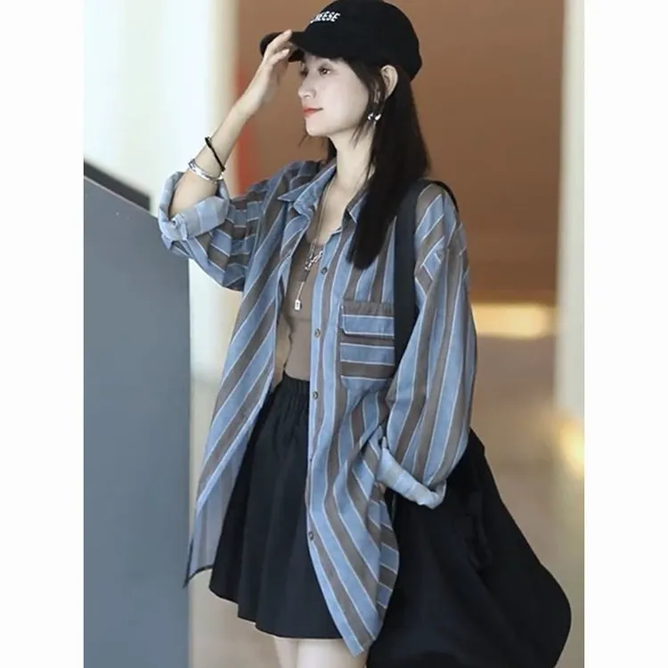 伯希和严选【清仓】条纹衬衫女长袖夏季韩版拼色poLo领休闲百搭薄款