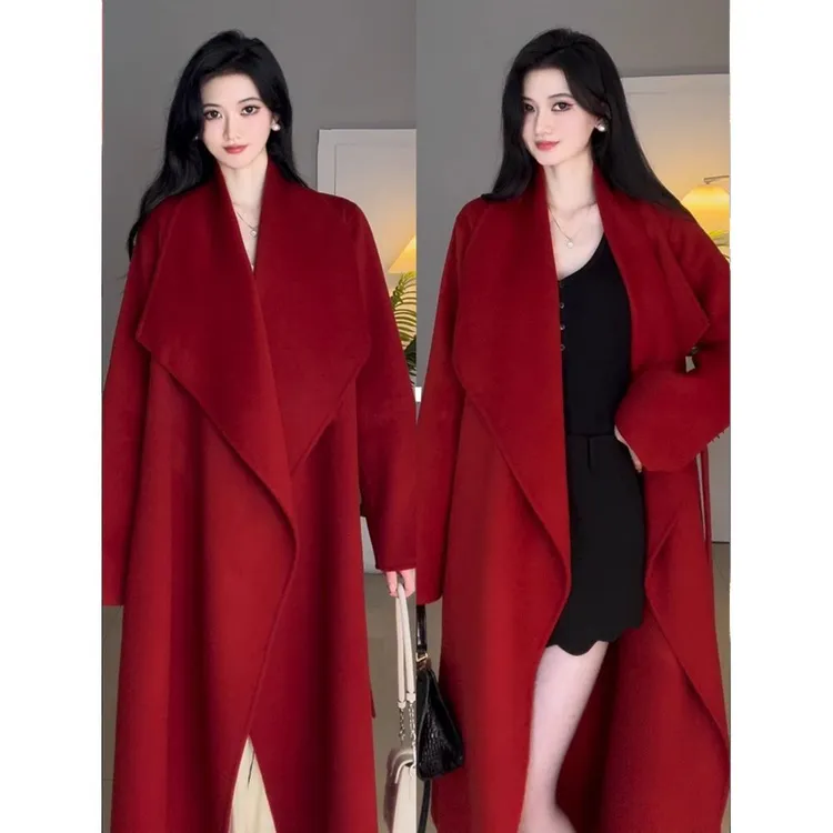 K洋气休闲装K新年圣诞服装穿搭双面呢子红色大衣外套敬酒服新娘结