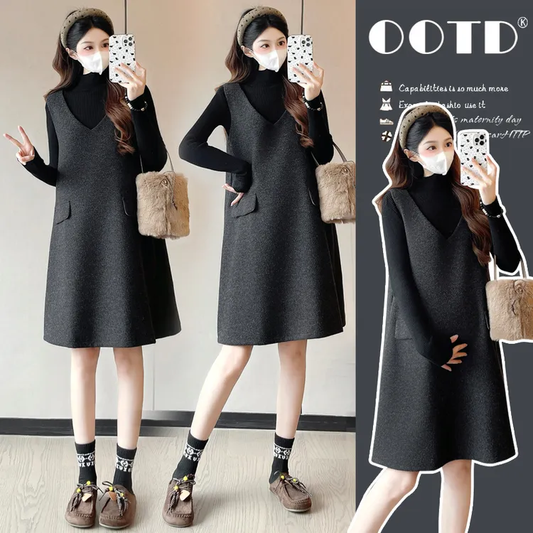 2025新款孕妇装秋冬款毛呢小个子背心裙时尚洋气大码两件套套装女