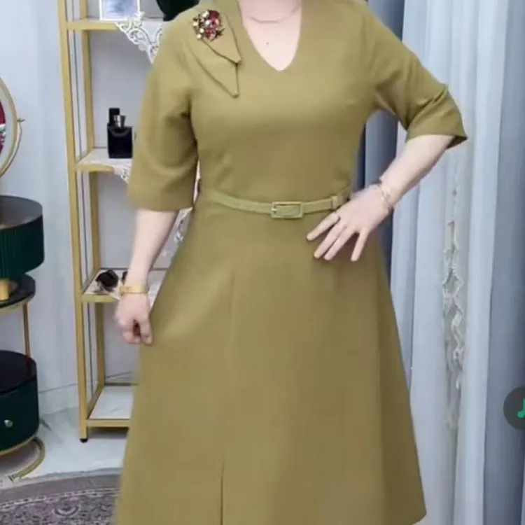一字肩短裙摆深V领V领常规礼服洋气妈妈装百搭长裙
