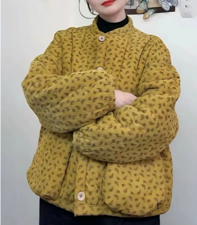 棉衣女装女士加绒毛领碎花棉服百搭女保暖上衣休闲外套