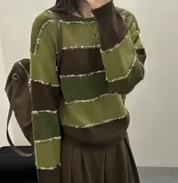【绿咖条纹长袖】2025初秋新款女装复古绿咖条纹圆领宽松显瘦上衣