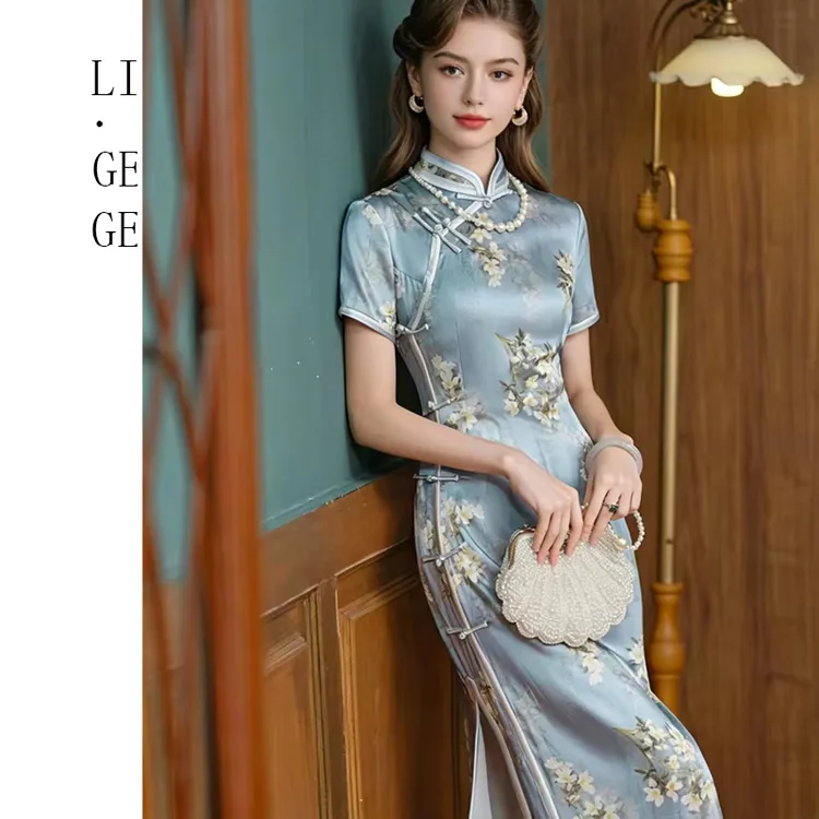 【李李专属】Li.GEGE【素瓷染青】优雅高贵复古长旗袍TZL 22335-1花