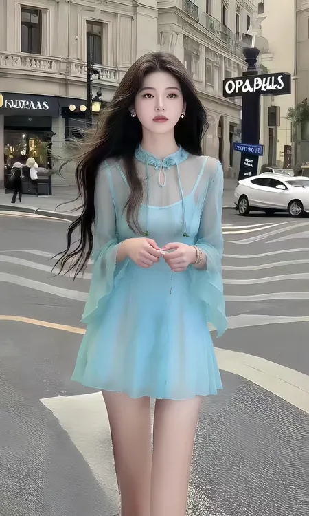 时尚氛围感纯欲温柔风蓝色不规则领型长袖修身收腰显瘦连衣裙女