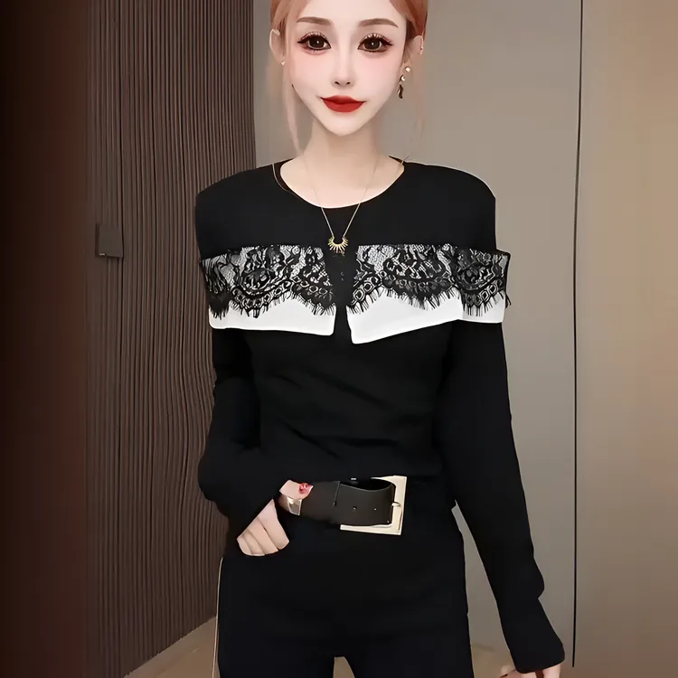 2025年秋冬新款法式黑色蕾丝拼接打底衫百搭时尚显瘦气质长袖T恤