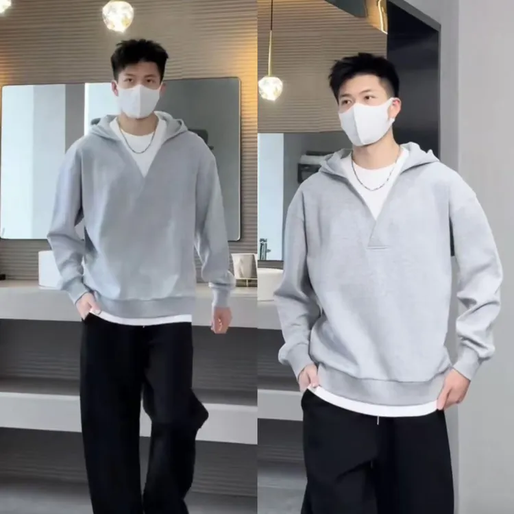 春季新品假两件设计套头长袖V领连帽卫衣男女同款休闲宽松百搭