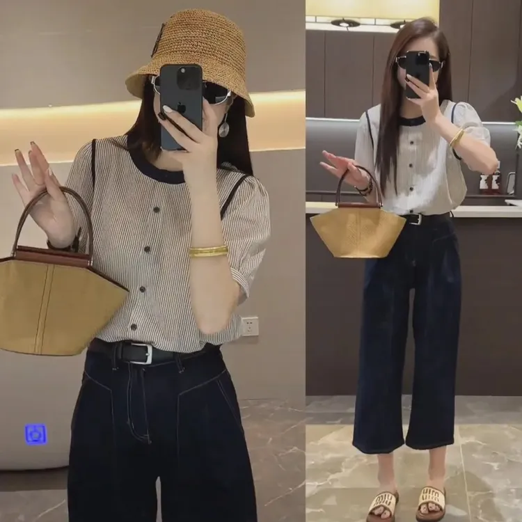 夏季新款直筒阔腿牛仔裤圆领短袖衬衫女气质别致显瘦时尚潮流穿搭