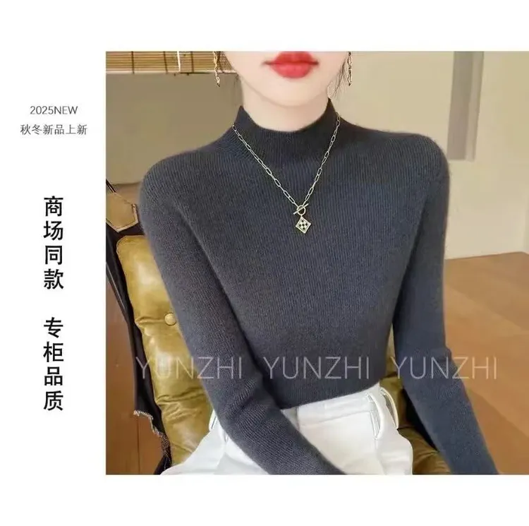 【一线成衣·全无缝】F100羊毛加厚半高领针织衫女套头毛衣修身打底