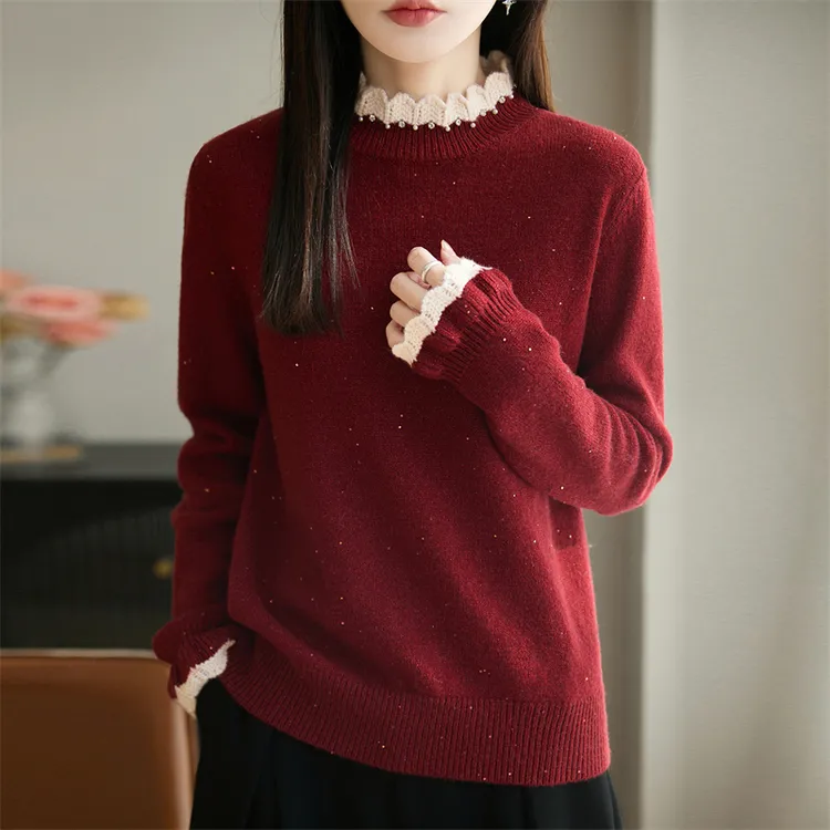 时尚品牌2026新款荷叶花边领亮片针织衫女复古洋气时髦套头毛衣