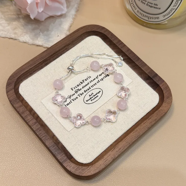 A108天然粉水晶➕奥地利水晶四叶草水晶手链