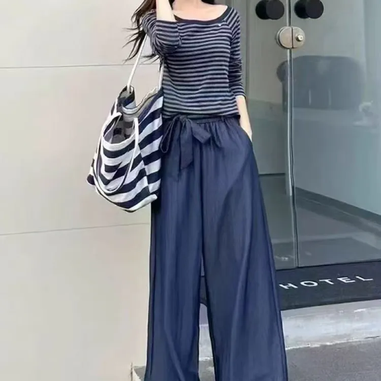 时尚条纹长袖上衣搭配高腰系带阔腿裤秋季新款女装