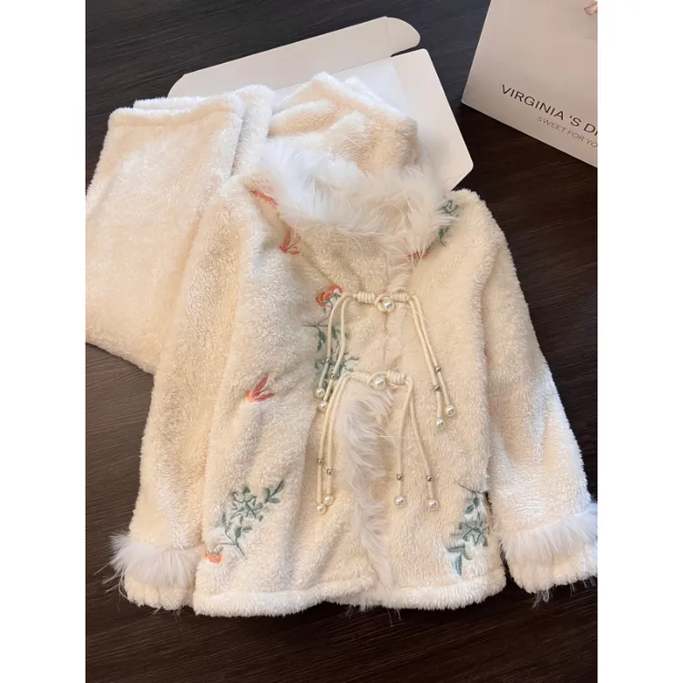 新中式国风植物花卉珊瑚绒珊瑚绒睡衣女冬季新款保暖家居服套装