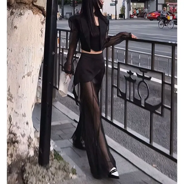 腰部镂空绑带短外套2025年夏季西装女简约网纱拼接长裤两件套女S