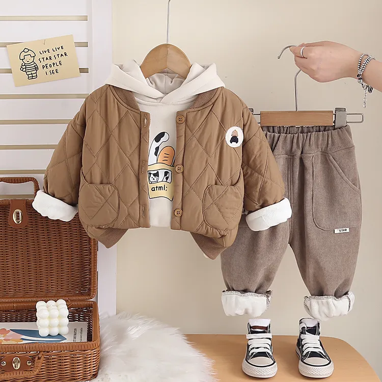 男童秋冬季加绒加厚棉衣三件套洋气婴儿童棉服男宝宝冬装套装小童