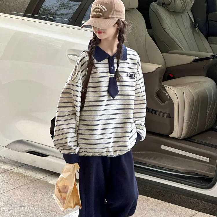 童装女童秋装套装2025年款衣服儿童春秋款炸街条纹POLO卫衣两件套