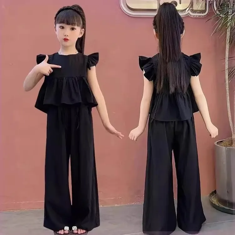 女童夏装飞袖冰丝裤套装新款儿童薄款飞飞袖衬衫山本裤两件套