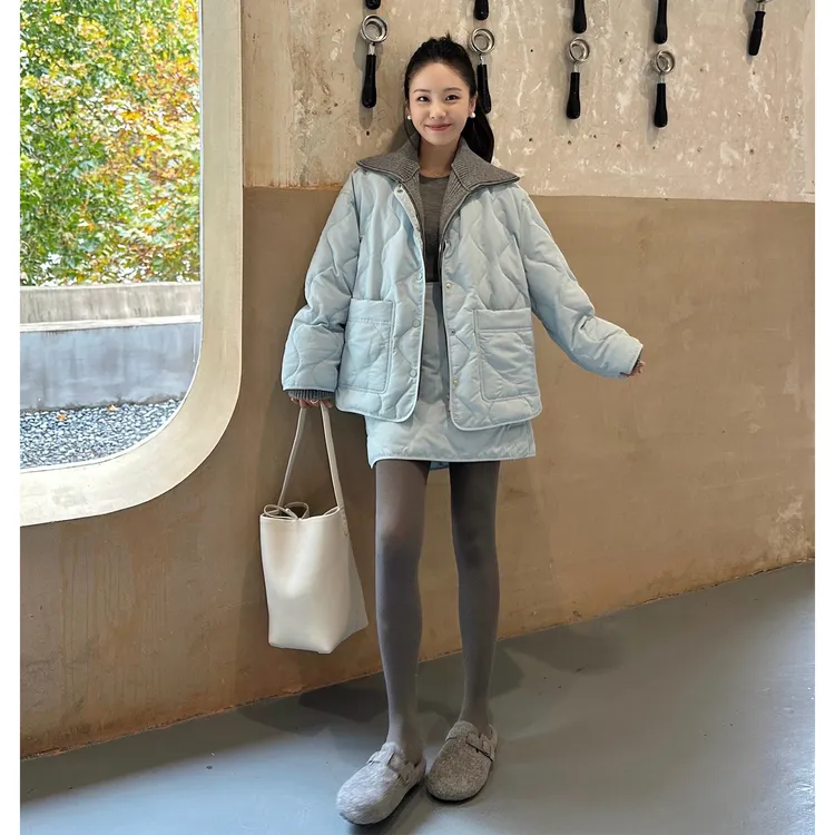 时尚休闲风冬季棉服套装女2026新款简约菱格加厚外套半身裙两件套