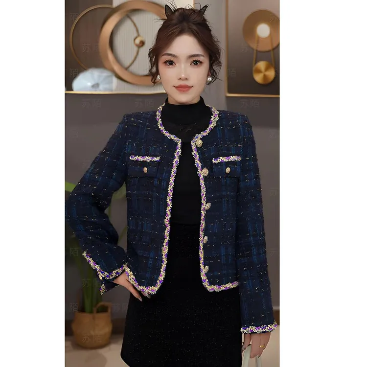 羊毛小香风外套女款爆款2025新款春秋蓝色轻奢气质时尚百搭上衣