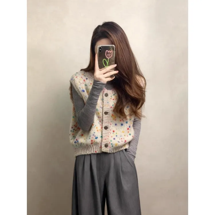2025款巨好看的韩系超好看叠穿米色波点针织毛衣马甲背心女秋冬季