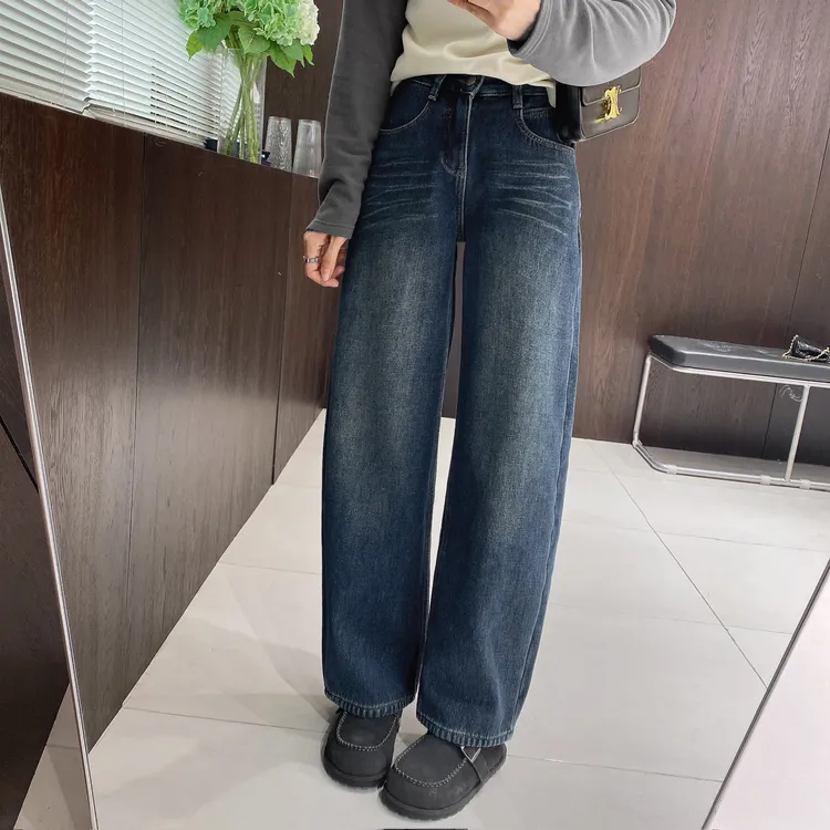 IMFLY金小金自制女装 加绒牛仔裤DYK2935秋冬时髦阔腿牛仔裤女