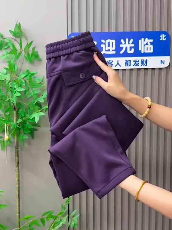 宽松格纹显瘦秋季口袋休闲裤大码高腰长裤薄款哈伦裤直筒