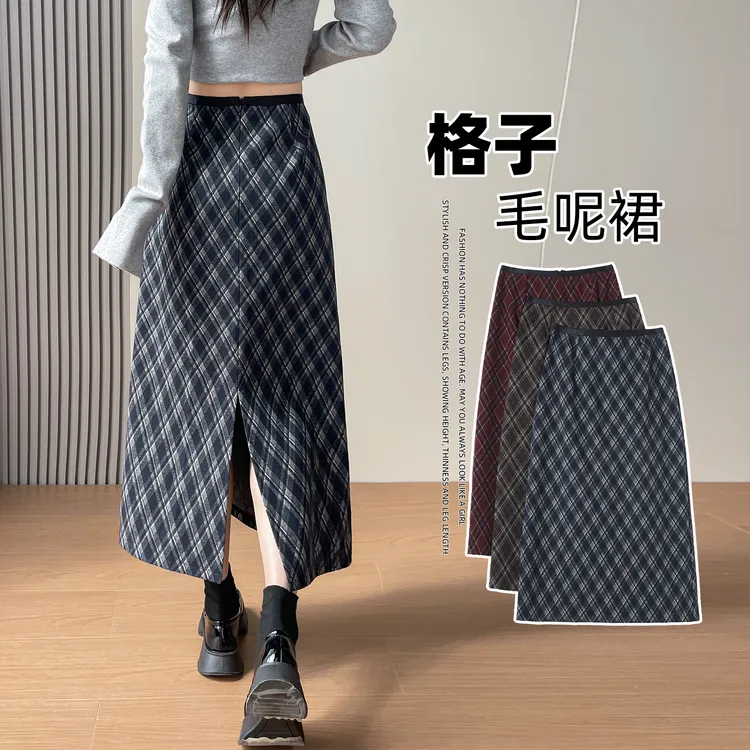 后开叉毛呢格子半身裙女秋冬新款复古高腰百搭显瘦中长款A字长裙
