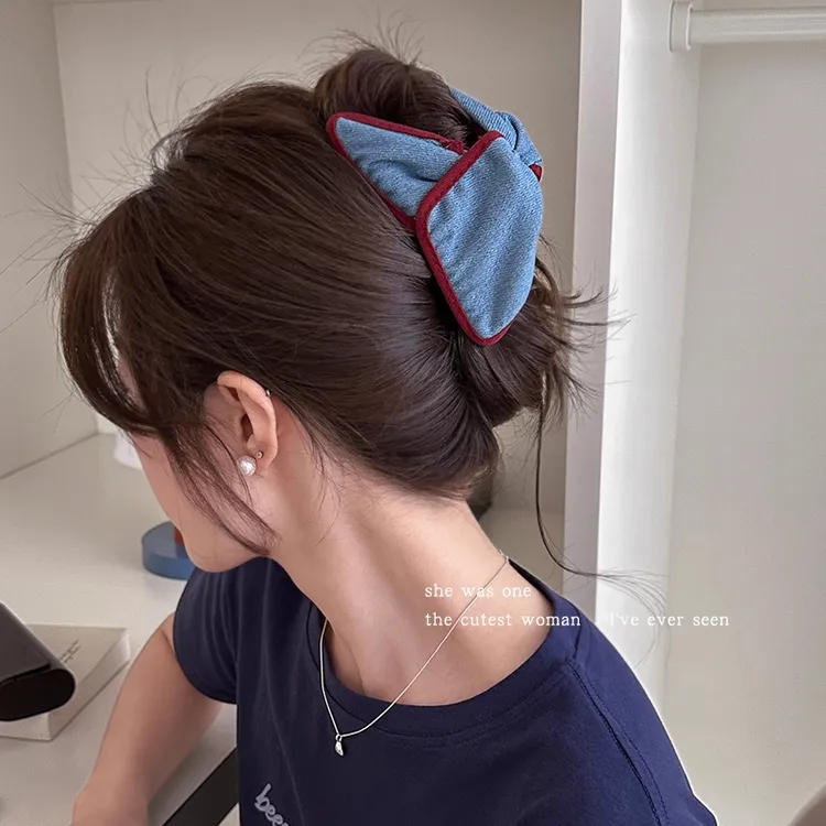 韩系复古撞色牛仔三角抓夹女高级感2025新款鲨鱼夹发夹后脑勺发饰