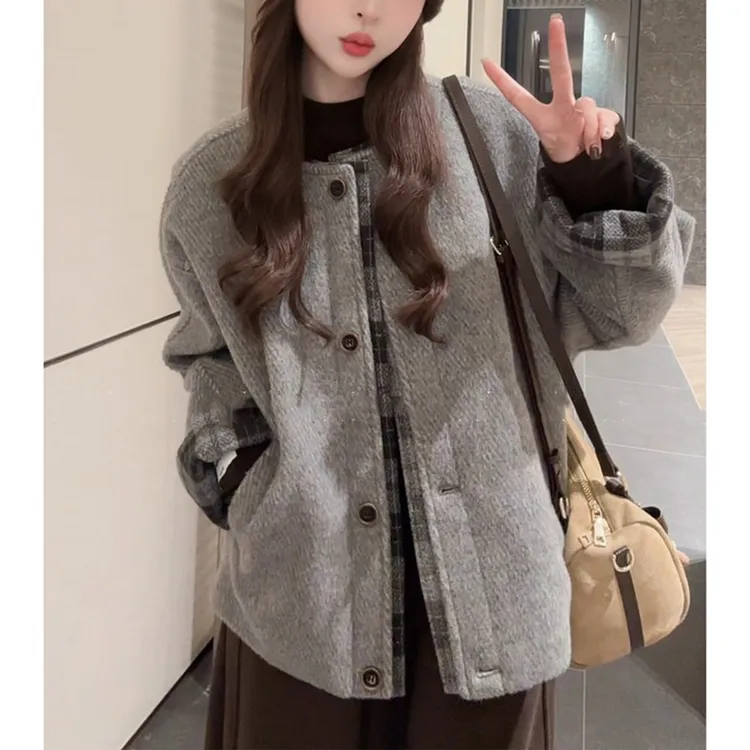 设计感拼接格子棉服女秋冬慵懒风宽松单排扣夹棉加厚保暖棉衣外套