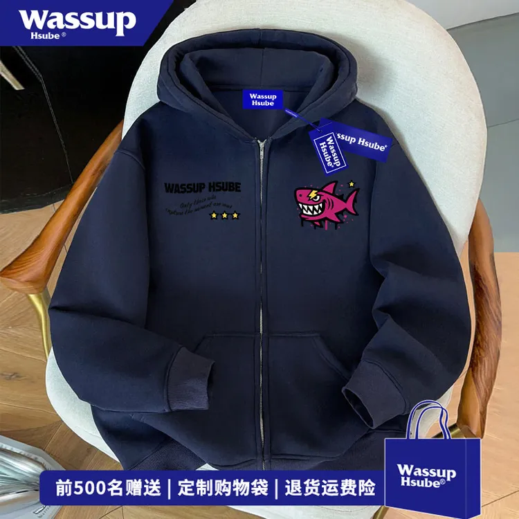 WASSUP HSUBE 鲨鱼字母印花藏青色外套男秋冬季宽松百搭开衫卫衣