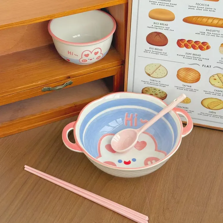 热销萌趣派对一人食四件套可爱小免高温釉下彩卡通套装少女心汤碗