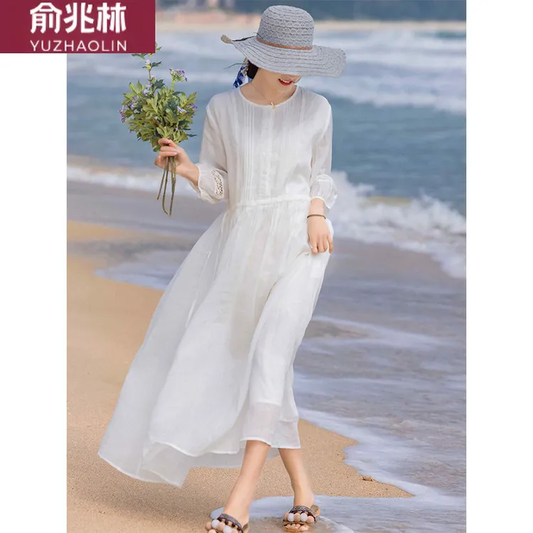 俞兆林高端仿棉麻连衣裙女夏季2025新款大码高级感七分袖亚麻苎麻