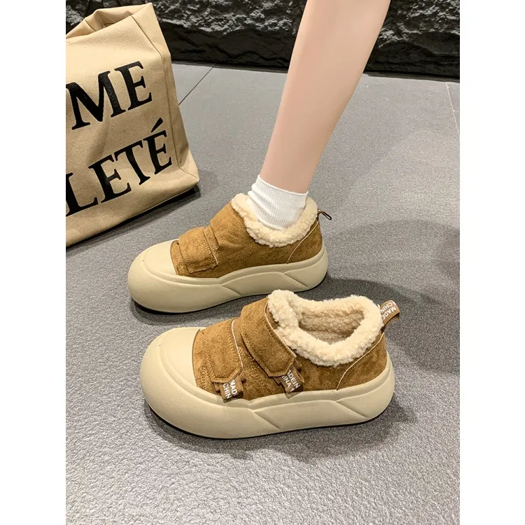复古加绒面包鞋女2025冬季新款魔术贴厚底增高休闲板鞋子保暖棉鞋