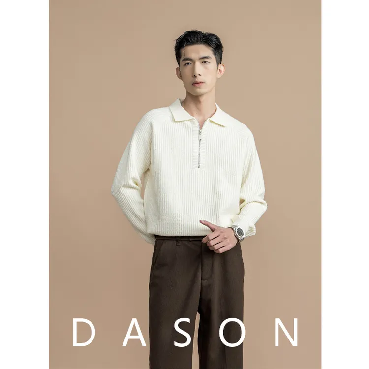 DASON秋冬半拉链设计翻领针织毛衣男士羊毛混纺老钱风毛衣男上衣