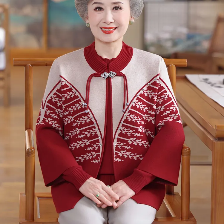 中老年人秋装针织两件套奶奶国风上衣妈妈秋冬新中式毛衣开衫外套