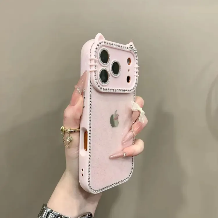 高颜值镶钻猫耳适用iPhone17pro手机壳16promax情侣15全包14女13