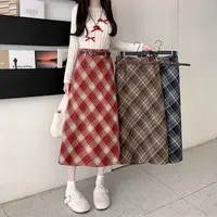 胖颖专属大码秋季新款韩版毛呢送皮带格子中长半身裙有内衬9190