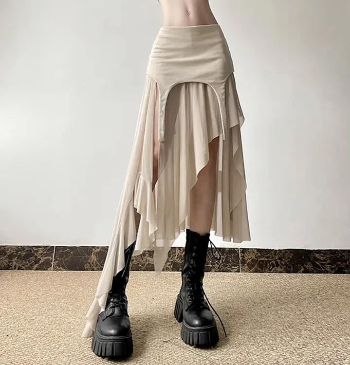 【不买睡不着】设计感不规则网纱拼接半身裙女韩系高腰百搭裙子