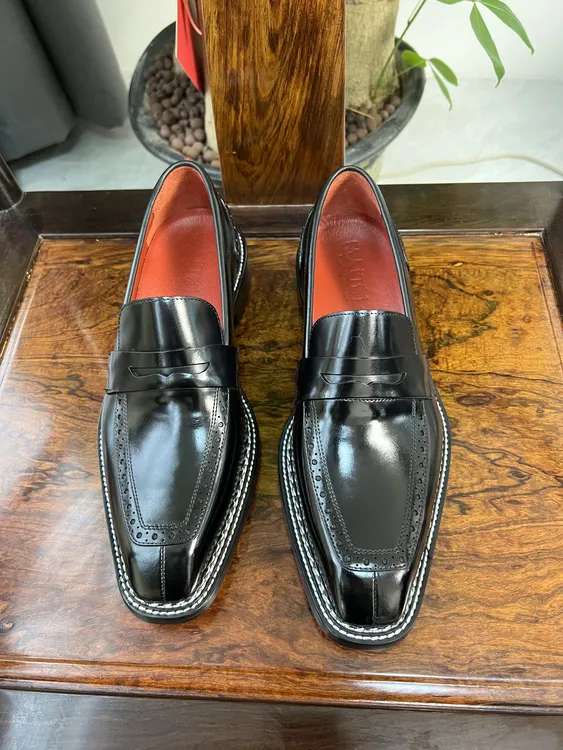 黑色马臀皮固特异一脚蹬手工挪威缝休闲通勤风乐福鞋通用防滑男鞋