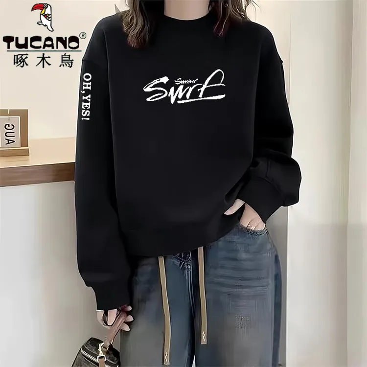 啄木鸟纯棉宽松显瘦时尚加绒长袖卫衣女外穿慵懒风复古套头上衣潮