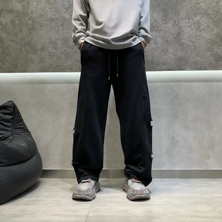 新款男士秋季弯刀裤子宽松水洗黑色休闲裤潮流美式直筒ins长裤男