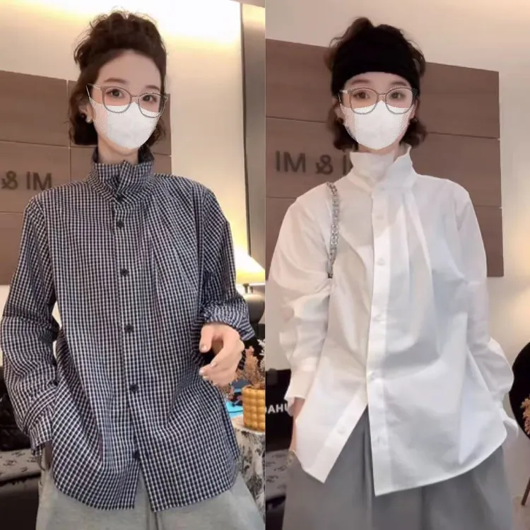 欧货百搭设计感立领格子长袖衬衫女秋季花苞袖叠穿内搭打底衫上衣